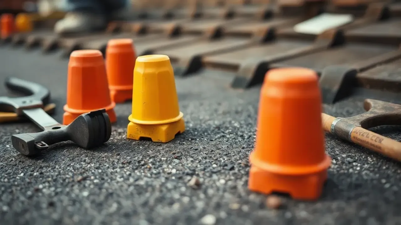 Tools and site markers used in Loughton flat-roofing projects